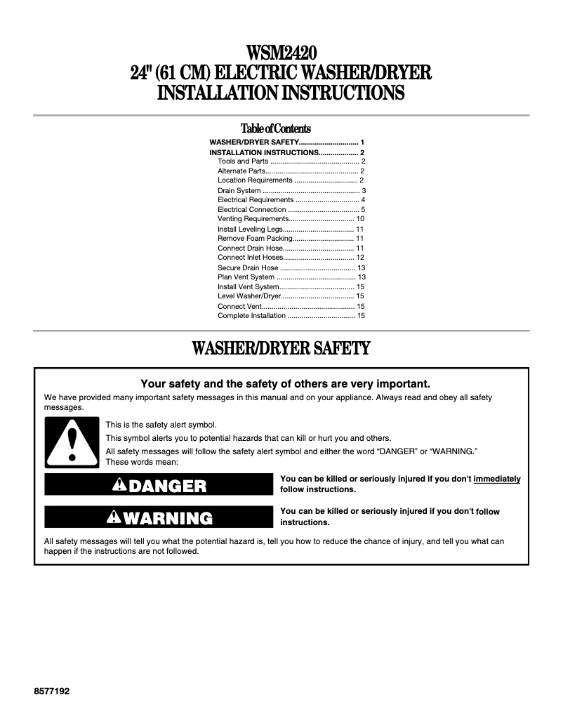 Página 1 del manual Guía de instalación GE WSM2420TWW