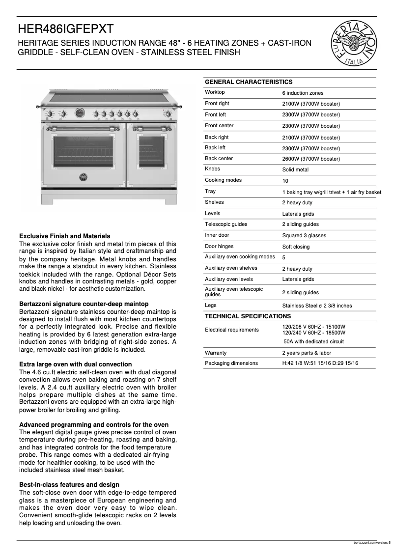 Page 1 de la notice Fiche technique Bertazzoni HER486IGFEPXT