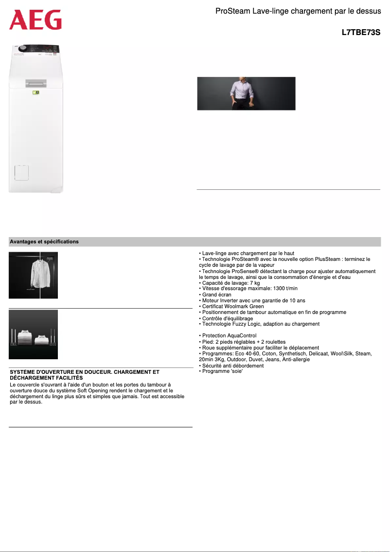 Page 1 de la notice Fiche technique AEG L7TBE73S