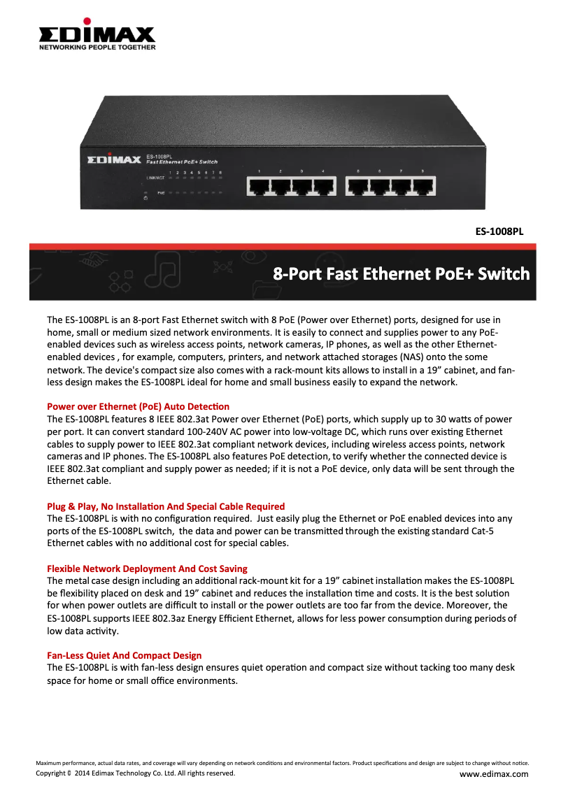 Page 1 de la notice Fiche technique Edimax ES-1008PL