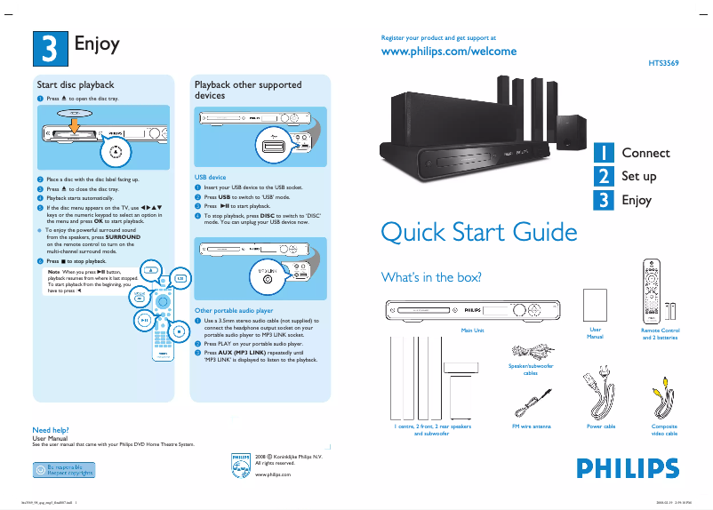 Page 1 of the manual Quick Start Guide Philips DVD Home Theater System