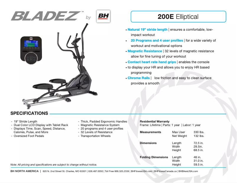 Page 1 de la notice Fiche technique Bladez 200E