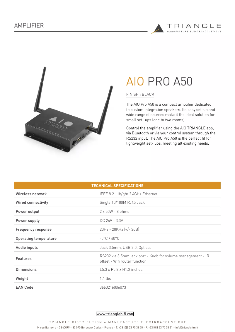 Page 1 de la notice Fiche technique Triangle AIO Pro A50