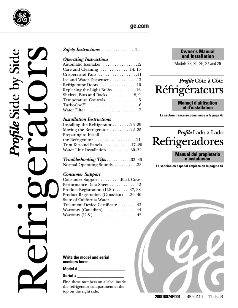 Page n°1 - Manuel d'utilisation et d'entretien GE Profile PSS26LGRBB