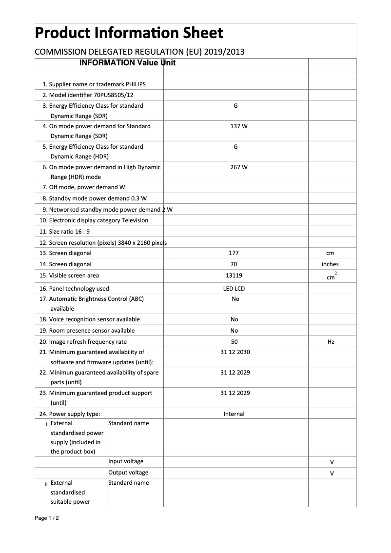 Page n°1 - Label énergétique Philips 70PUS8505