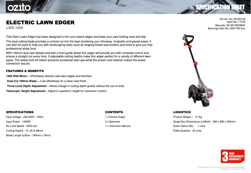 Page 1 de la notice Fiche technique Ozito LWE-1405