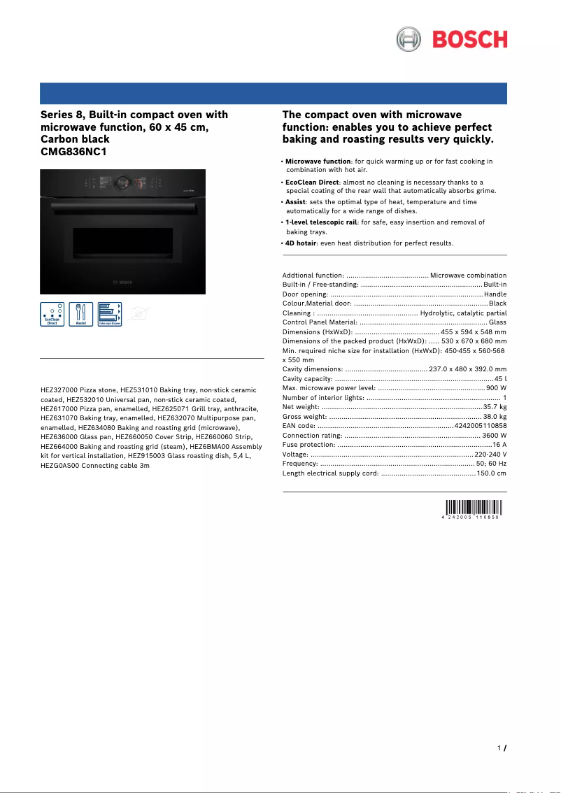 Page 1 de la notice Fiche technique Bosch Serie 8 CMG836NC1