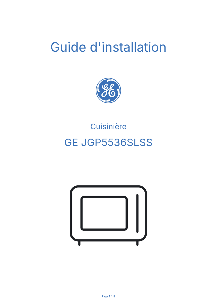 Page 1 de la notice Guide d'installation GE JGP5536SLSS