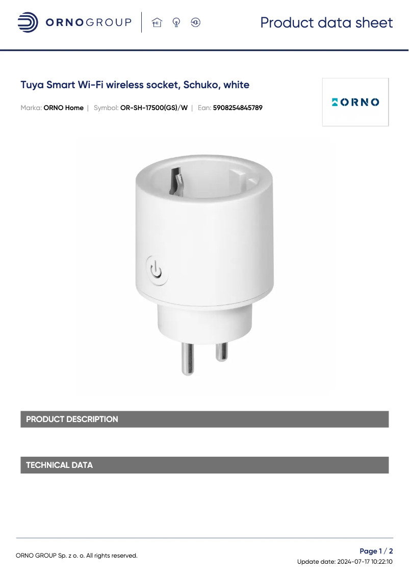 Page 1 de la notice Fiche technique ORNO OR-SH-17500