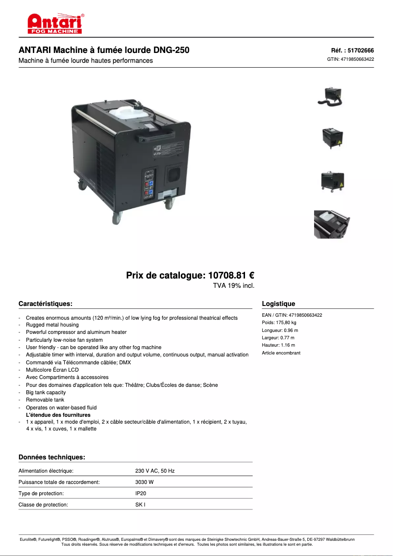 Page 1 de la notice Fiche technique Antari DNG-250