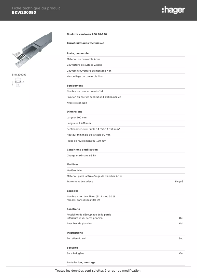 Page 1 de la notice Fiche technique Hager BKW200090