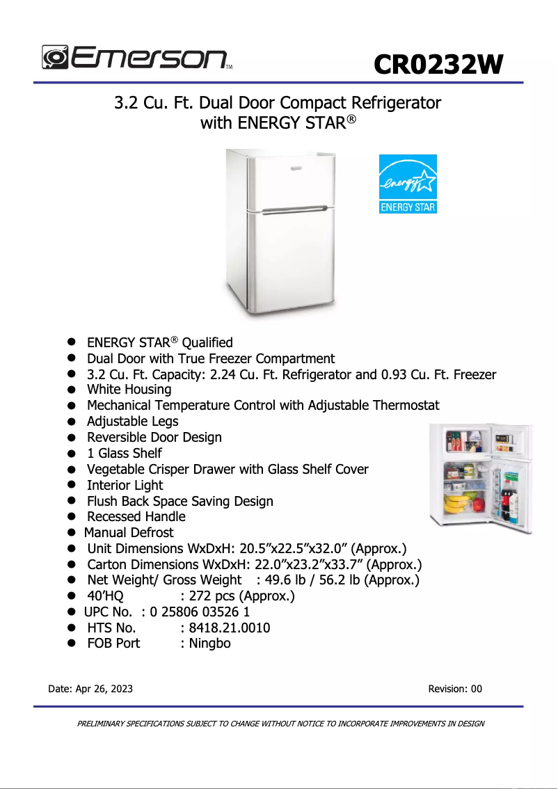 Página 1 del manual Ficha técnica Emerson CR0232W