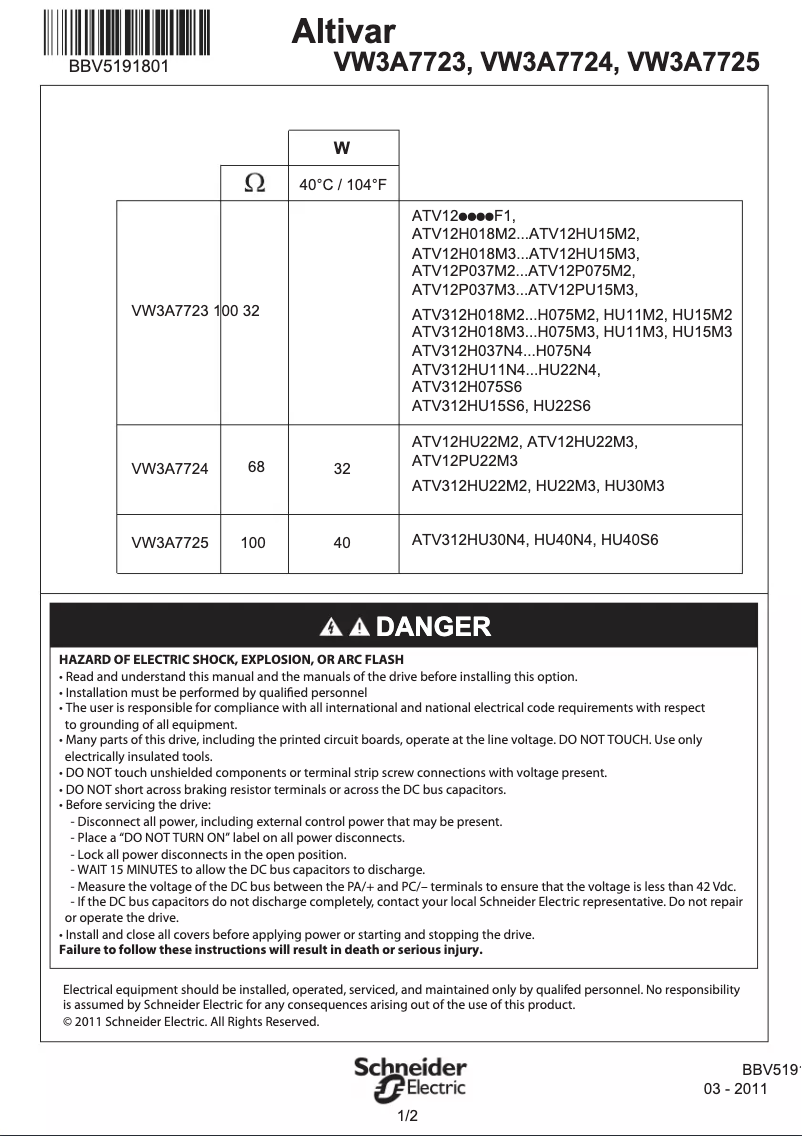 Page 1 de la notice Manuel utilisateur Schneider VW3A7723