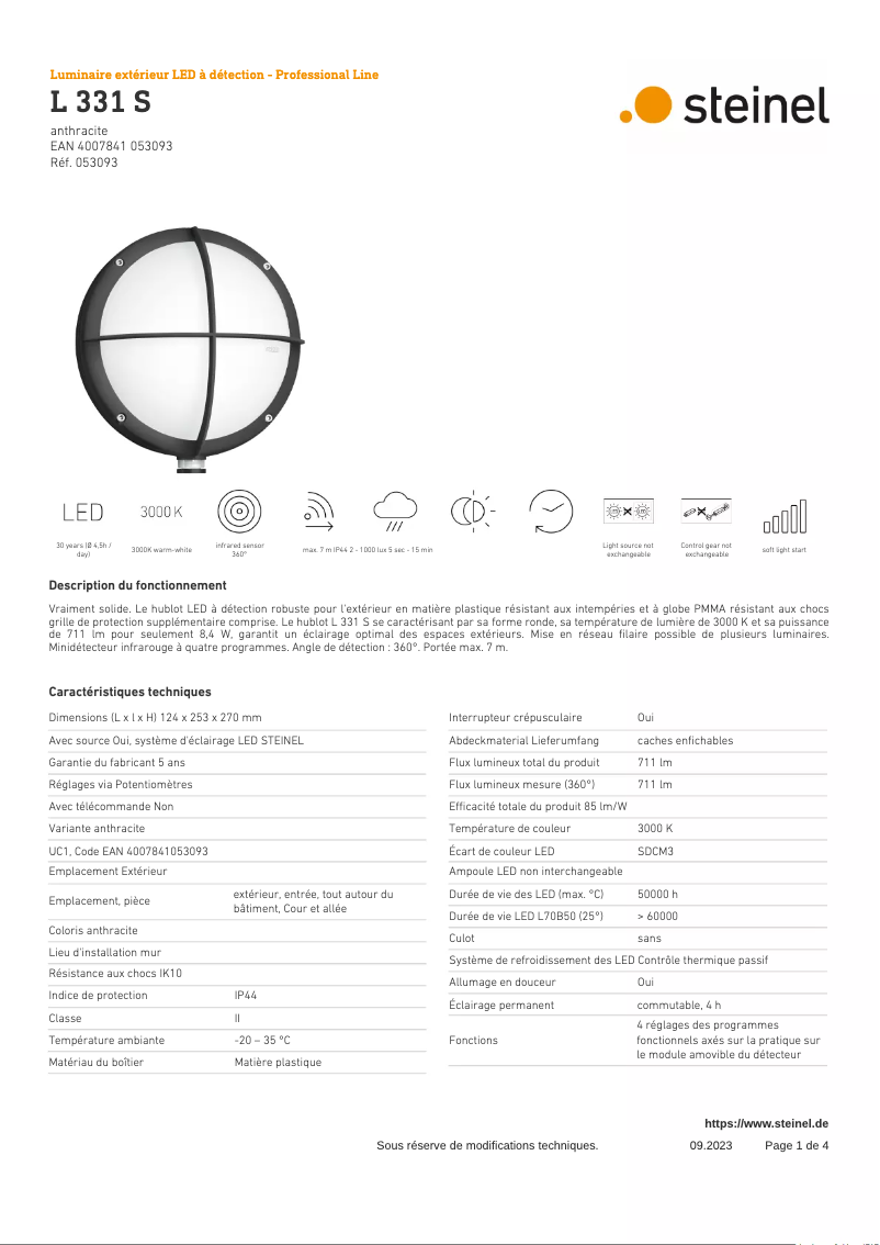 Page 1 de la notice Fiche technique Steinel L 331 S