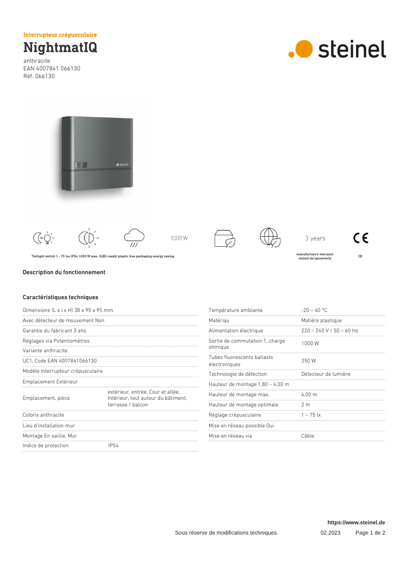 Página 1 del manual Ficha técnica Steinel NightmatIQ