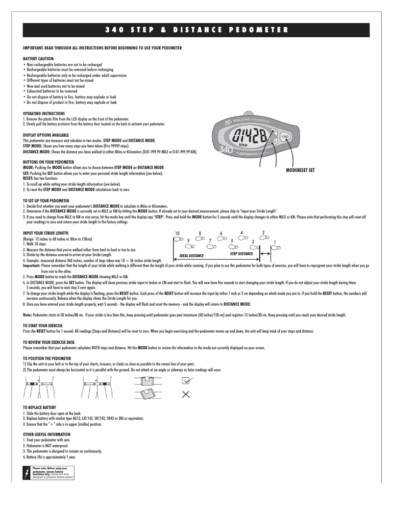 Page 1 de la notice Manuel utilisateur Sportline Distance 340