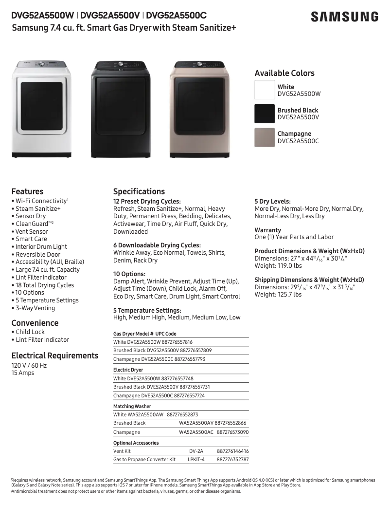 Página 1 del manual Ficha técnica Samsung DVG52A5500W