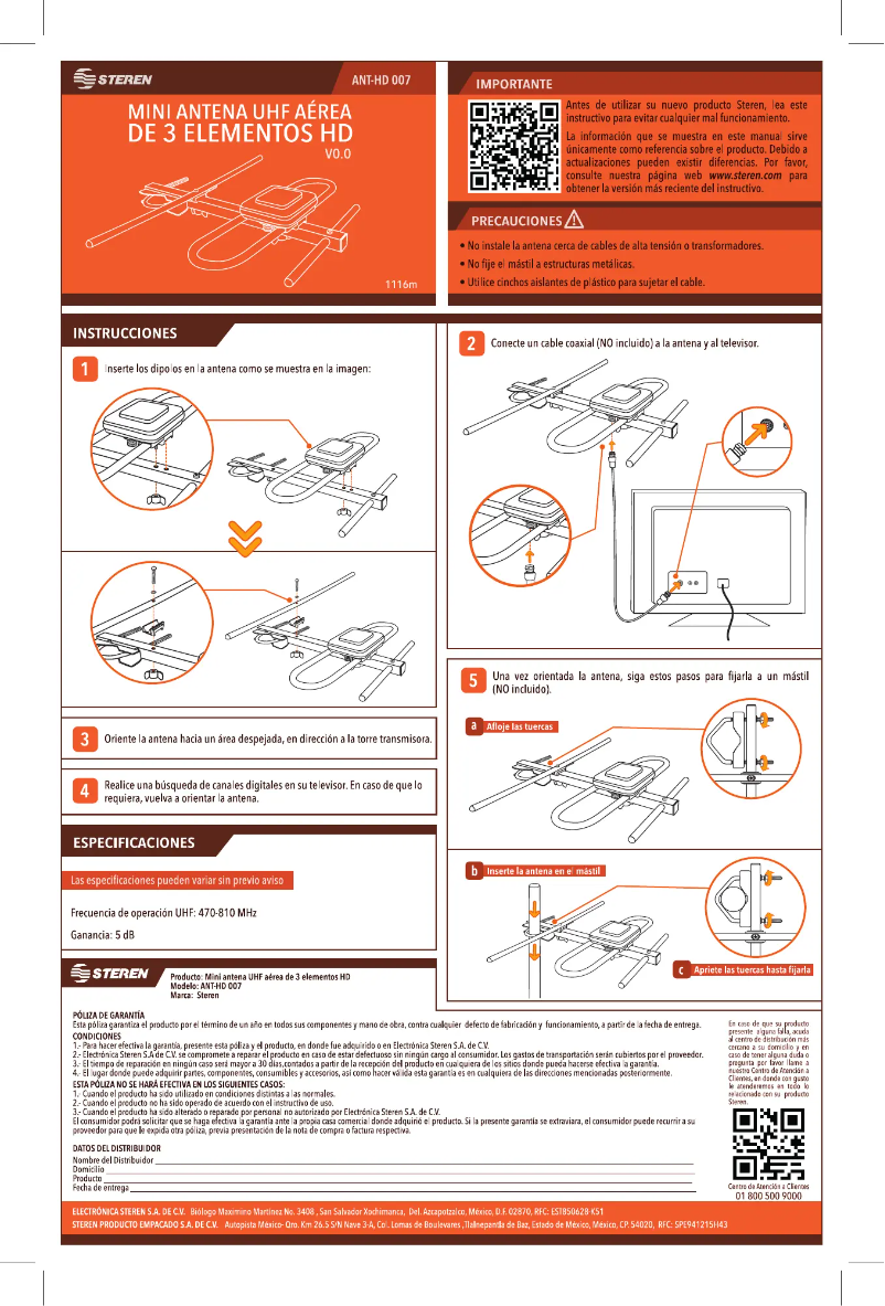 Page 1 de la notice Manuel utilisateur Steren ANT-HD 007