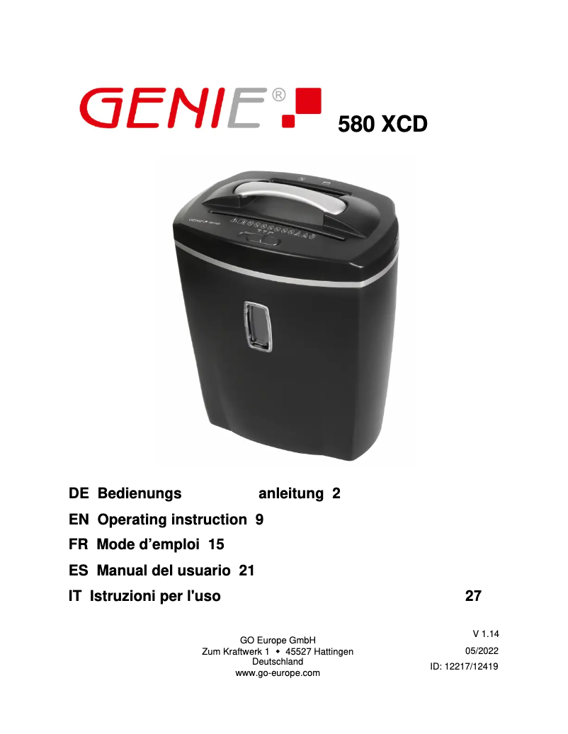 Page 1 de la notice Manuel utilisateur Genie 580 XCD