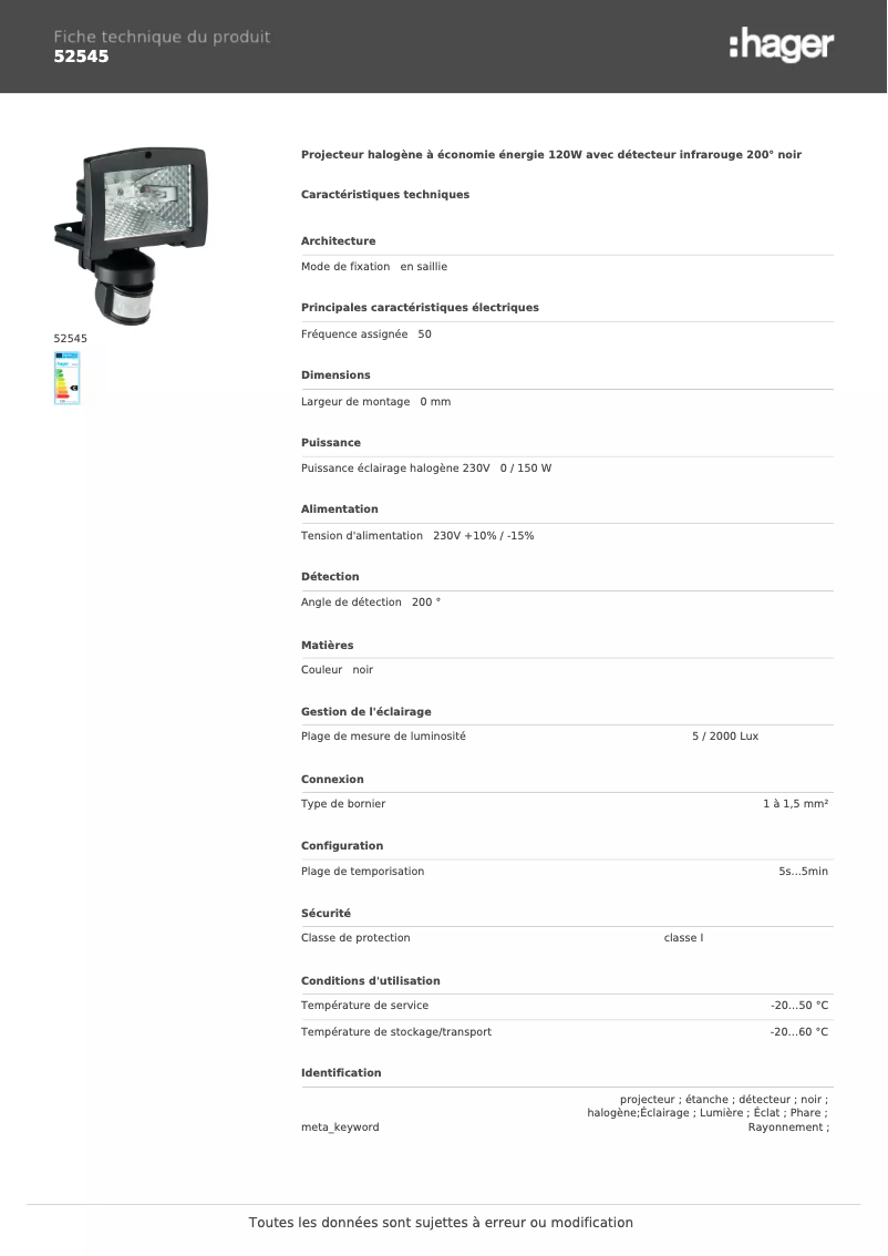 Page 1 de la notice Fiche technique Hager 52545