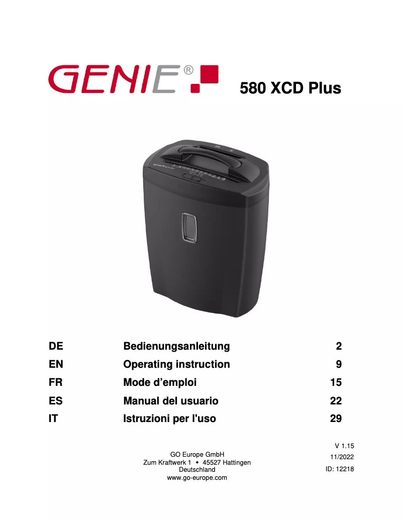 Page 1 de la notice Manuel utilisateur Genie 580 XCD Plus