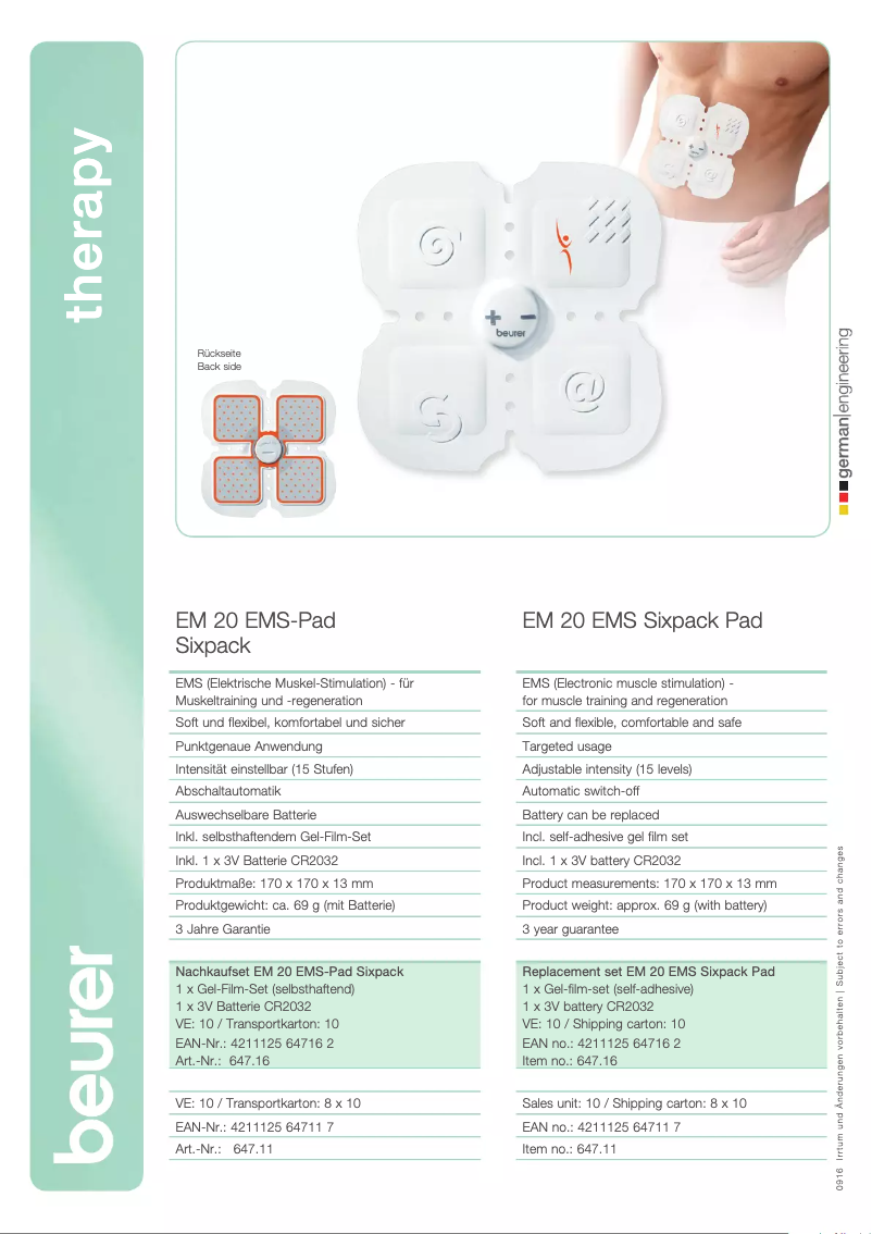 Página 1 del manual Manual de usuario Beurer EM 20 EMS-Pad Sixpack