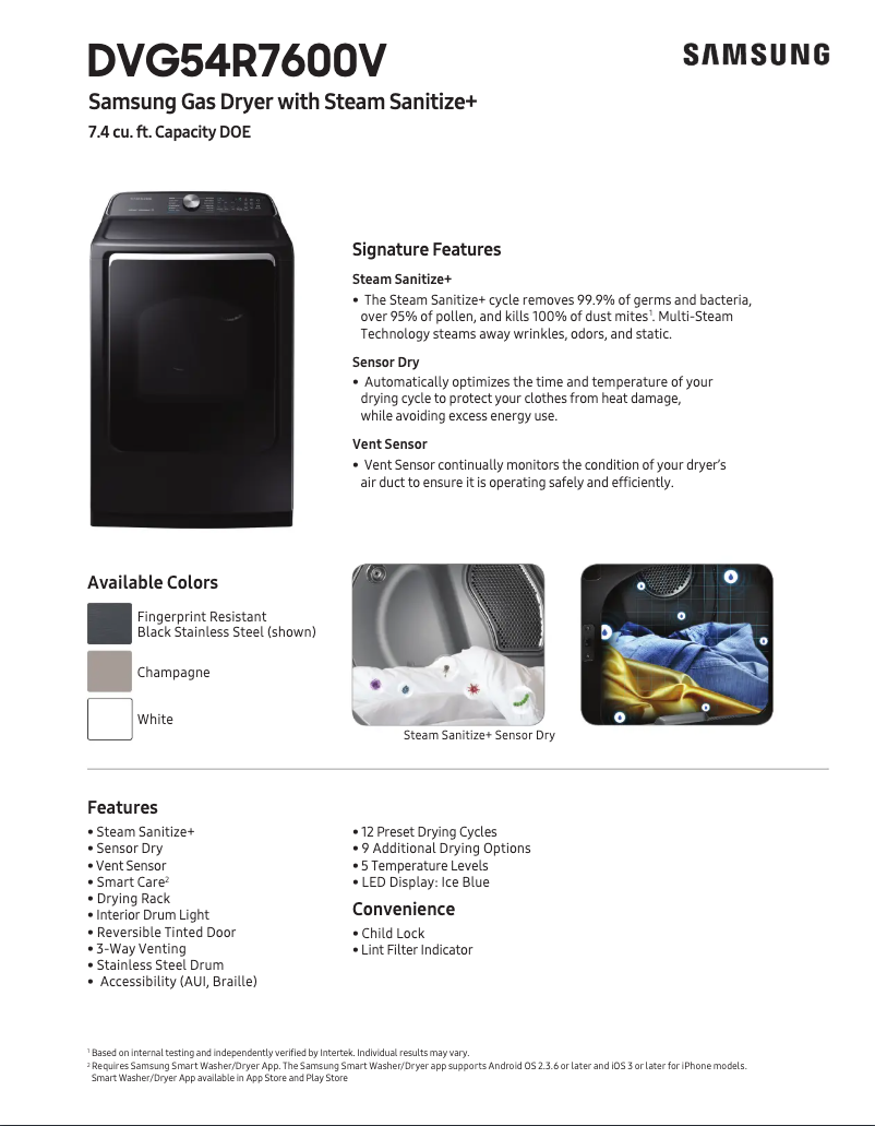 Página 1 del manual Ficha técnica Samsung DVG54R7600C