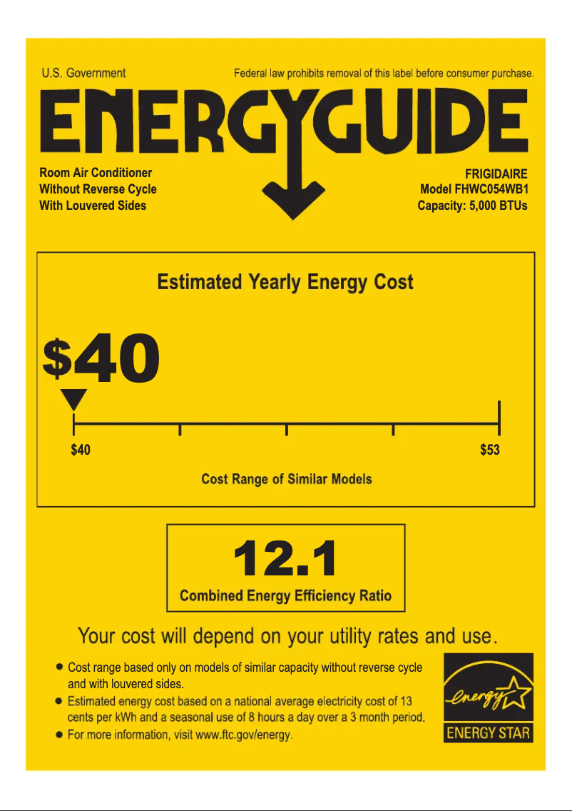 Page 1 de la notice Label énergétique Frigidaire FHWC054WB1