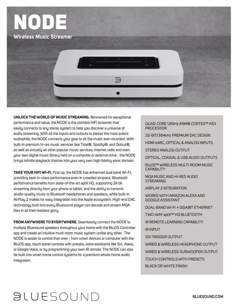 Page 1 de la notice Fiche technique Bluesound Node