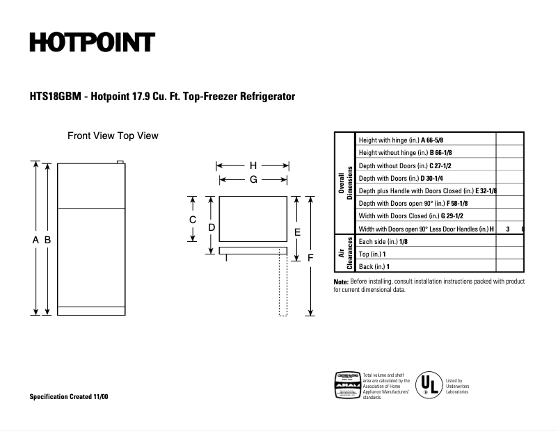 Página 1 del manual Ficha técnica Hotpoint HTS18GBMWW