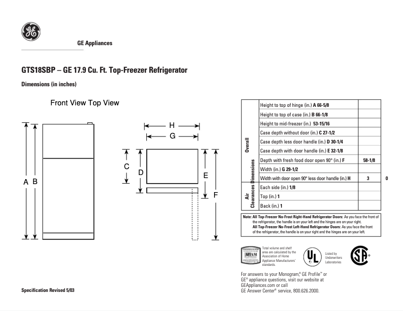 Page 1 de la notice Fiche technique GE GTS18SBPBS