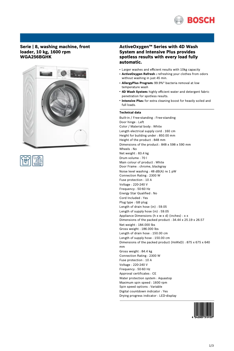 Page 1 de la notice Fiche technique Bosch WGA256BGHK