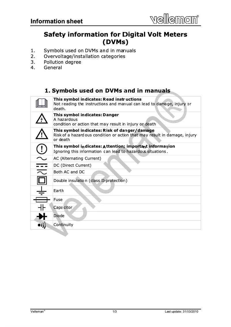 Página 1 del manual Instrucciones de seguridad Velleman DVM010