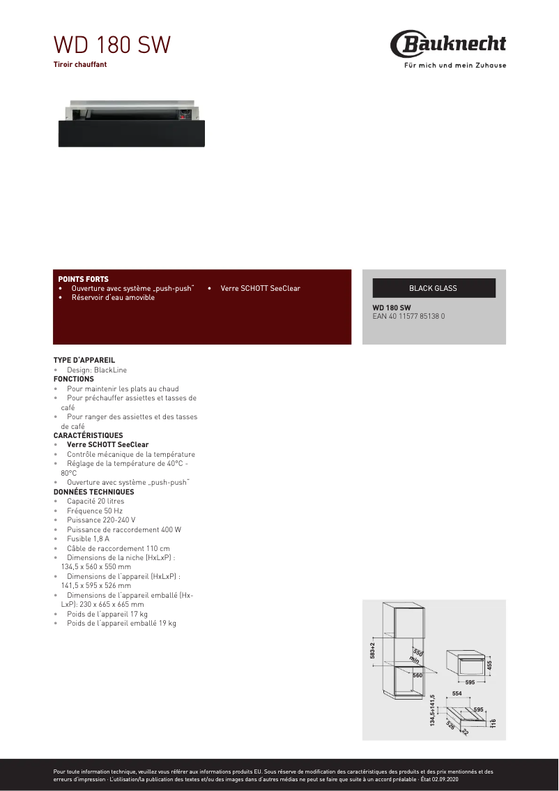 Page 1 of the manual Technical Sheet Bauknecht WD 180 SW
