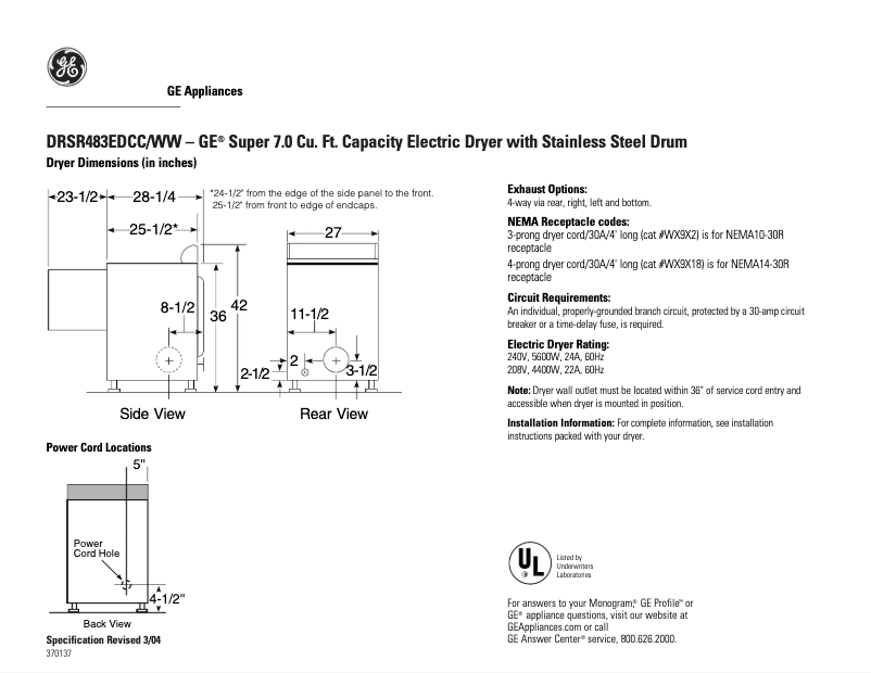 Page 1 of the manual Technical Sheet GE DRSR483EDCC