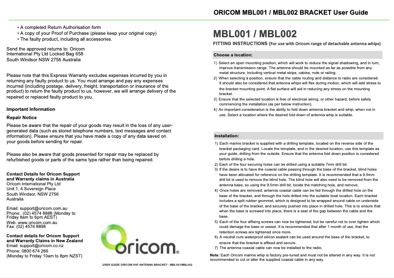 Page 1 de la notice Manuel utilisateur Oricom MBL001