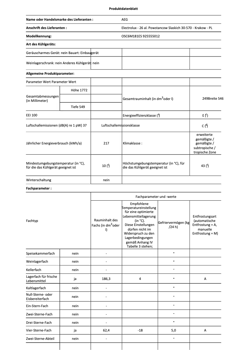 Page 1 de la notice Fiche technique AEG OSC6M181ES