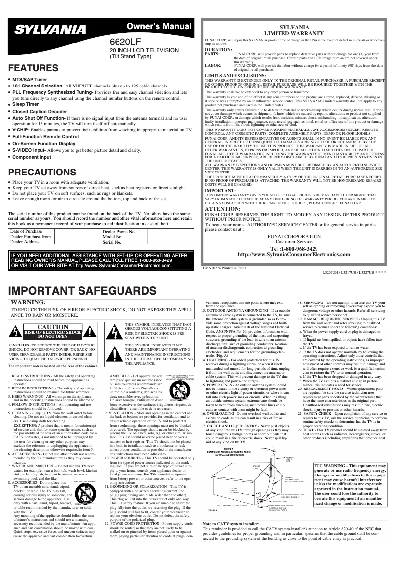 Page 1 de la notice Manuel utilisateur Sylvania 6620LF