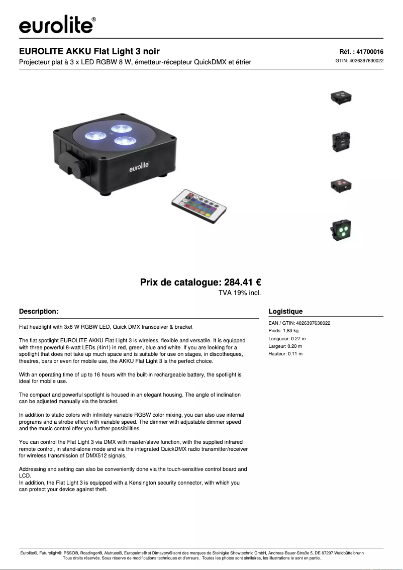 Page 1 de la notice Fiche technique Eurolite AKKU Flat Light 3