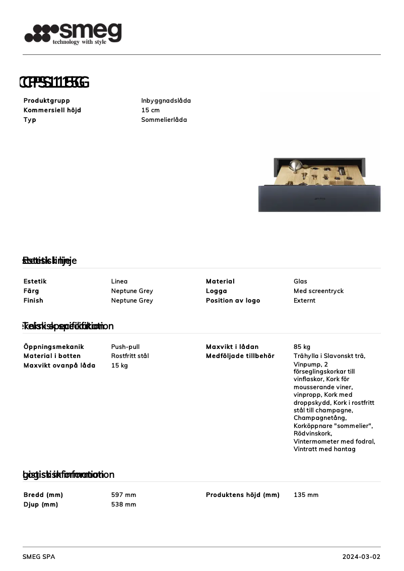 Page 1 de la notice Fiche technique Smeg CPS115G