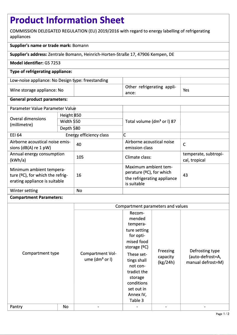 Page 1 de la notice Fiche technique Bomann GS 7253