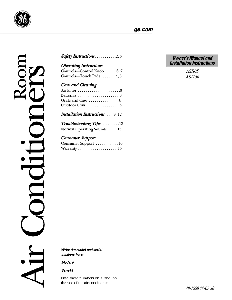 Página 1 del manual Guía de instalación GE ASH06LL