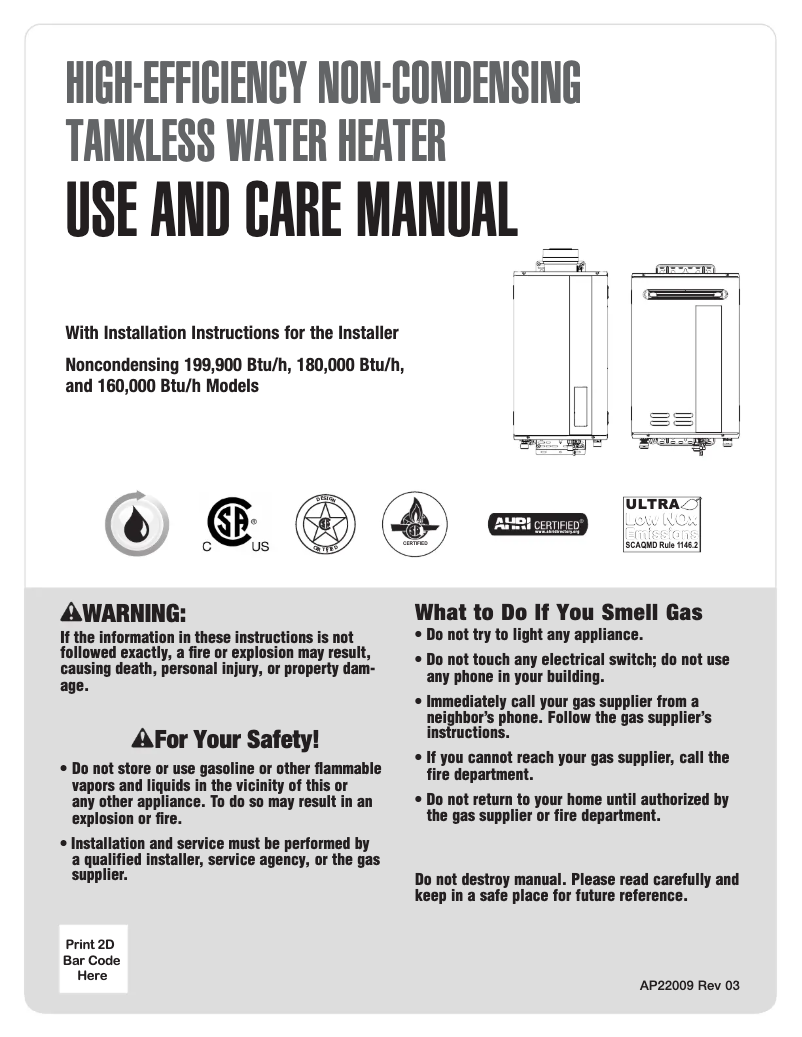 Page 1 de la notice Manuel utilisateur Rheem RTG-70DVLN-3