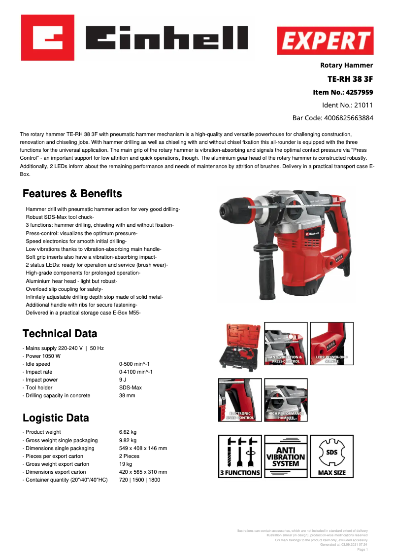 Page 1 of the manual Technical Sheet Einhell TE-RH 38 3F