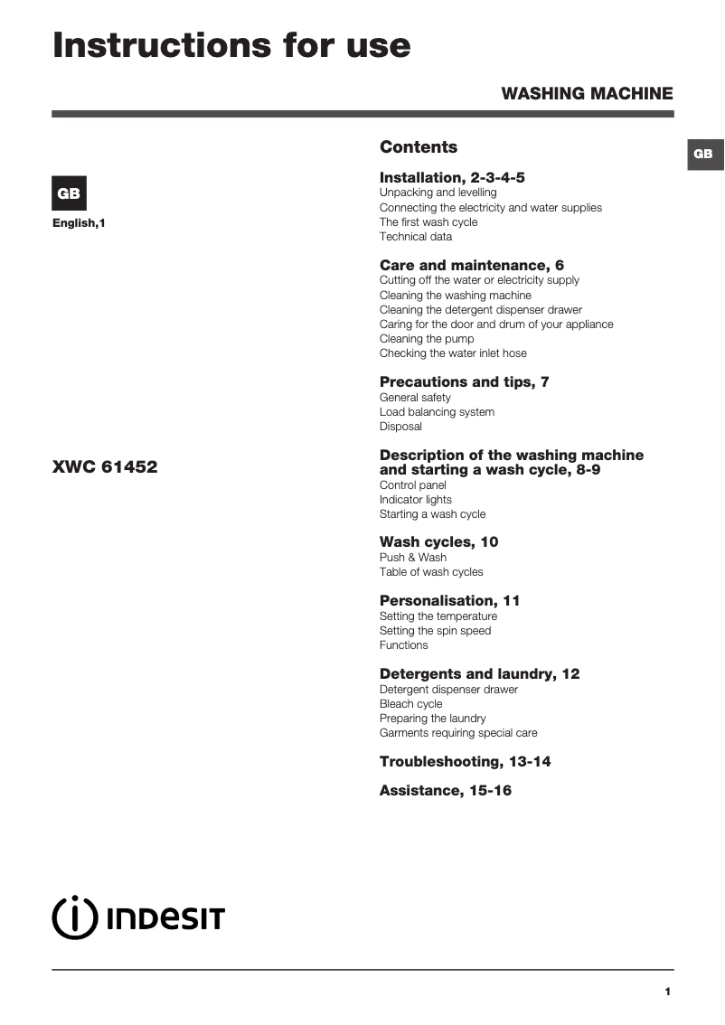 Página 1 del manual Manual de usuario Indesit XWC 61452 W UK