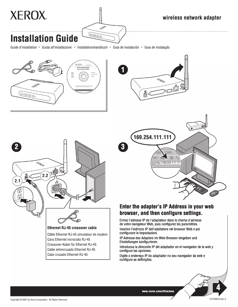 Page 1 de la notice Guide d'installation Xerox Wireless Network Adapter