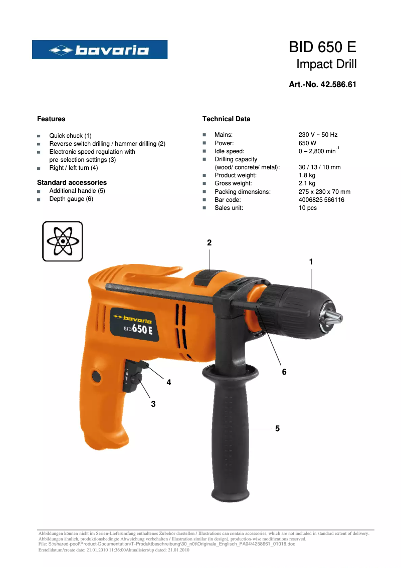 Page 1 de la notice Manuel utilisateur Bavaria BID 650 E