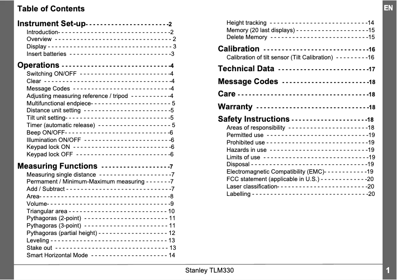 Page 1 de la notice Manuel utilisateur Stanley TLM330