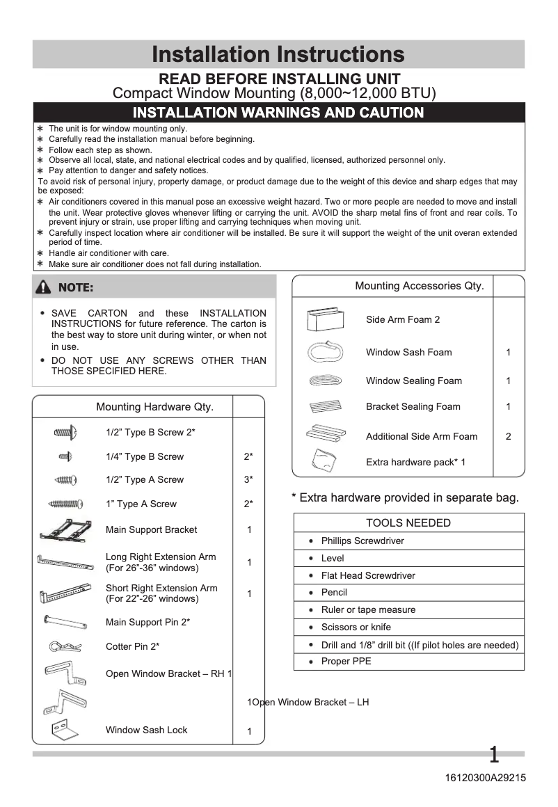 Page 1 de la notice Guide d'installation Frigidaire GHWQ085WD1