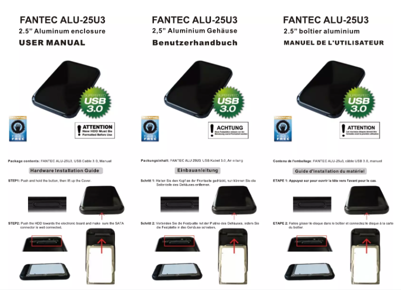 Page 1 de la notice Manuel utilisateur Fantec Alu-25U3